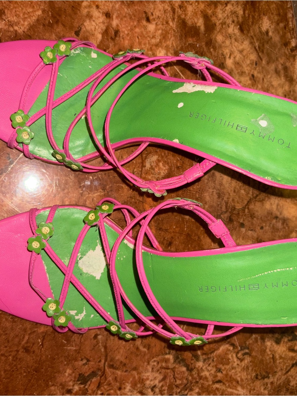 Tommy Hilfiger Pink Strappy Heels with Green Insole and Floral Accents